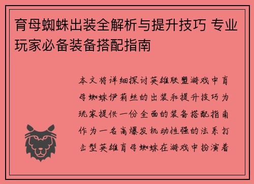 育母蜘蛛出装全解析与提升技巧 专业玩家必备装备搭配指南