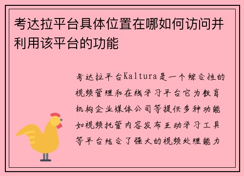 考达拉平台具体位置在哪如何访问并利用该平台的功能